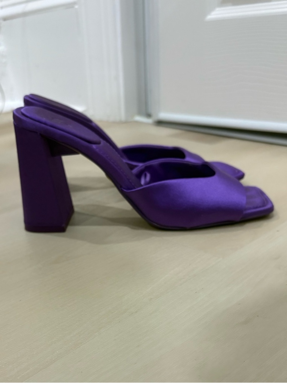 Purple Satin Square-Toe Block Heel Mules